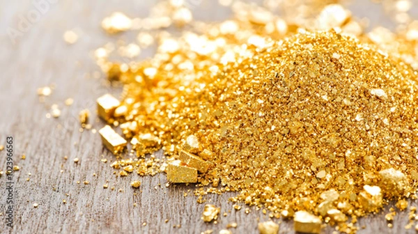 Fototapeta pile of gold dust sparkles under direct light, creating mesmerizing display of shimmering particles. rich golden hue evokes sense of luxury and wealth