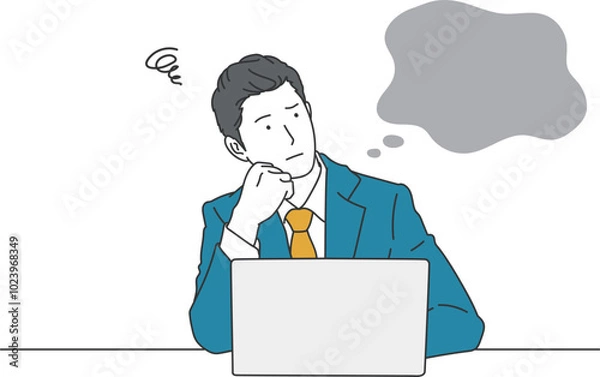 Obraz パソコンの前で悩むビジネスマンのシンプルイラスト