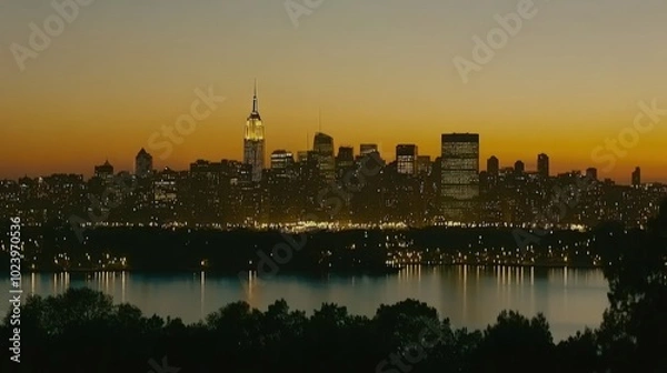 Fototapeta A panoramic view of a city skyline at sunset, with a river in the foreground.