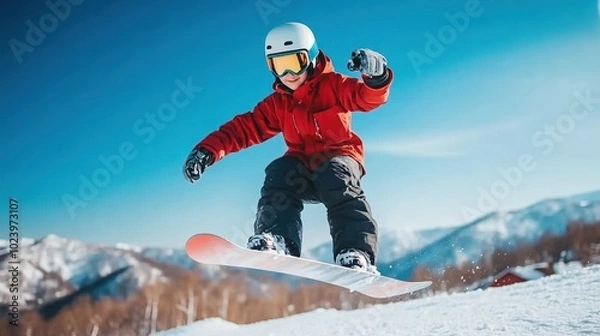 Fototapeta A child snowboarding on a sunny day against a mountain backdrop.