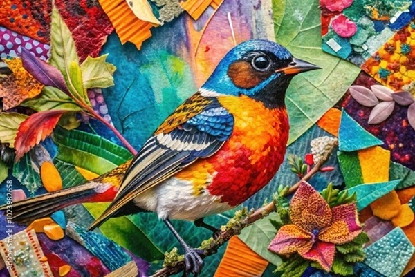 Fototapeta Colorful Abstract Mixed Media Collage with Bird Illustrations and Torn Newspaper Clippings for Vibrant Visuals