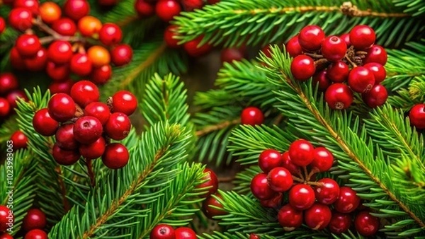 Fototapeta Add a festive touch with rich green pine branches and bright red berries, creating a stunning backdrop that captures the essence of the holiday season.