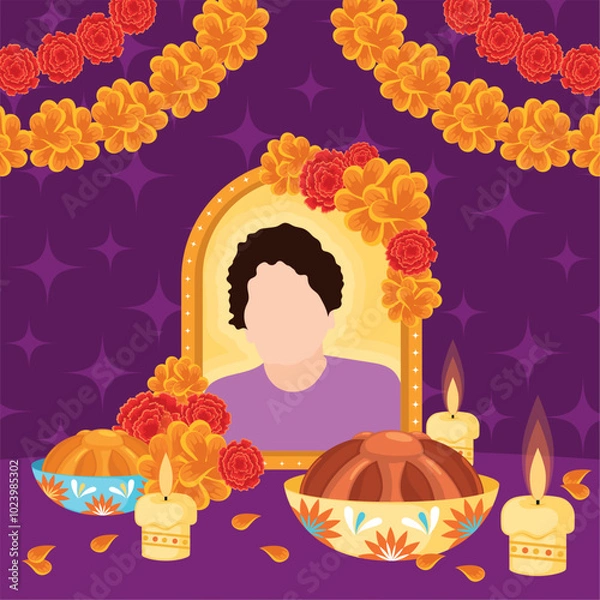 Obraz Dia de los Muertos altar with photo, marigolds, and candles Vector