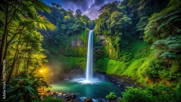 Fototapeta Stunning La Fortuna Waterfall in Costa Rica cascades majestically amidst vibrant tropical rainforest, creating a captivating natural spectacle that enchants every visitor with its beauty.