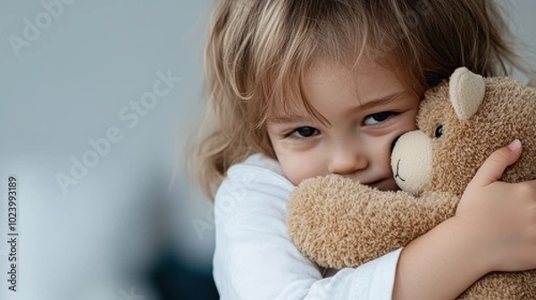 Fototapeta A toddler lovingly holds a teddy bear with a cheerful smile, emphasizing the innocence and warmth of childhood within a comforting indoor setting, smiling happily.