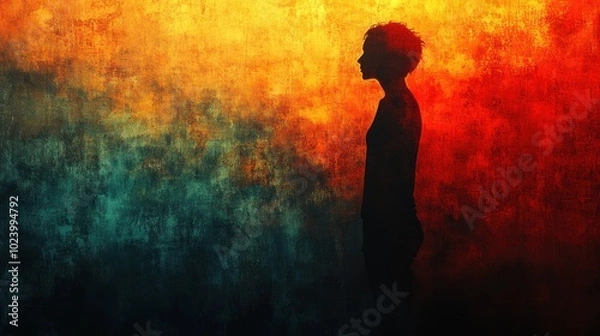 Fototapeta A silhouette of a person standing in front of a fiery, abstract background.