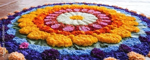 Fototapeta Beautiful floral rangoli design with vibrant colors and intricate patterns, suitable for festive celebrations and decorations.