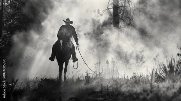 Obraz Cowboy Riding Through a Misty Forest