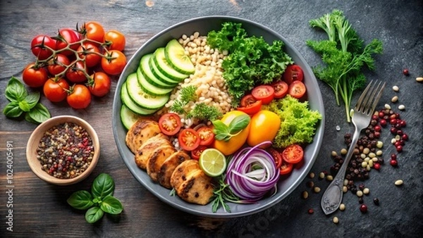Obraz A bowl of colorful and nutritious food with grilled protein, grains, and vegetables, a perfect balance of flavors and textures