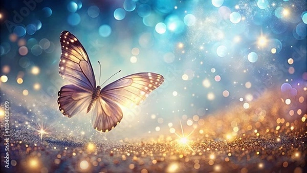 Obraz A luminous butterfly takes flight against a background of shimmering gold and blue bokeh, its wings adorned with intricate patterns of light.