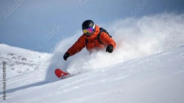 Fototapeta Snowboarder carving through fresh snow, dynamic winter action.