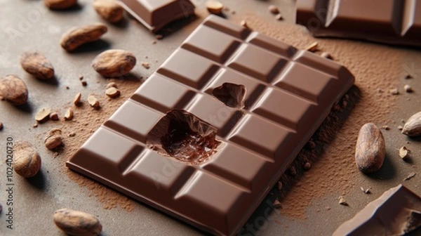 Obraz A close-up of a chocolate bar with cocoa beans and shavings around it, emphasizing indulgence.