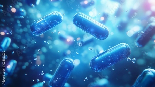 Fototapeta Floating Blue Capsules with Sparkling Effect