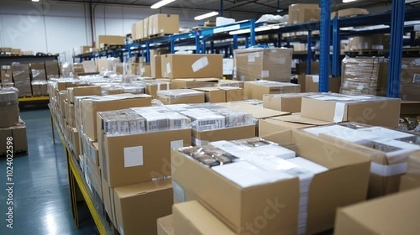 Fototapeta Auto parts neatly packed in boxes, ready for distribution and storage. This organized inventory features a variety of components, showcasing the efficiency and professionalism of automotive supply man