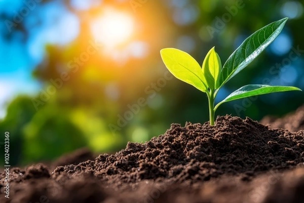 Fototapeta Single seedling growing in freshly tilled soil, symbolizing the simplicity and hope of nature preservation