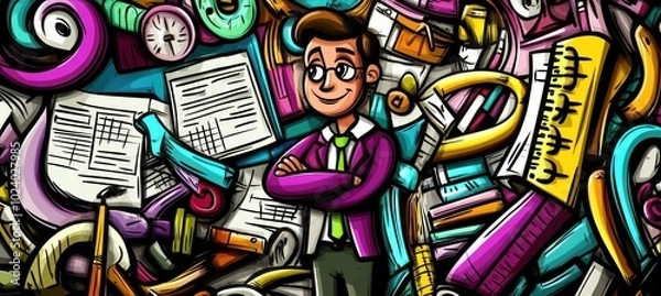 Fototapeta A cheerful character surrounded by colorful office supplies and papers, symbolizing organization.