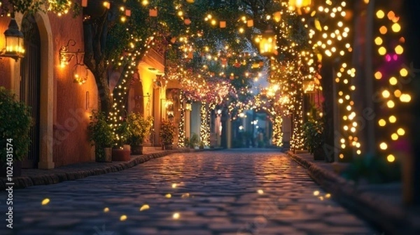 Fototapeta Cobblestone Street Illuminated with Festive Lights