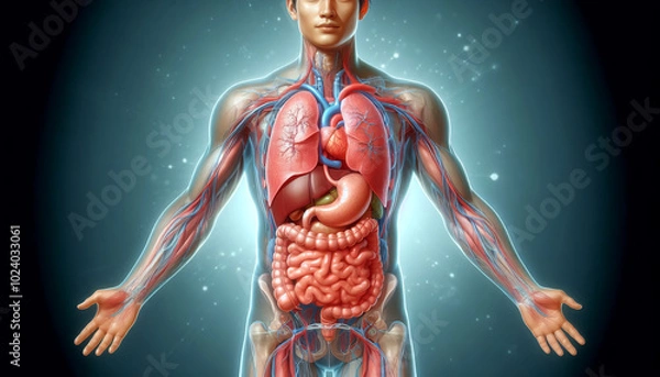 Fototapeta A detailed medical illustration of the human abdomen, highlighting internal organs such as the stomach, liver, and intestines in an educational format.