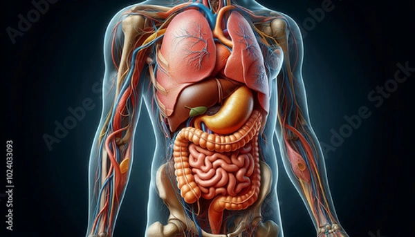 Fototapeta A detailed medical illustration of the human abdomen, highlighting internal organs such as the stomach, liver, and intestines in an educational format.