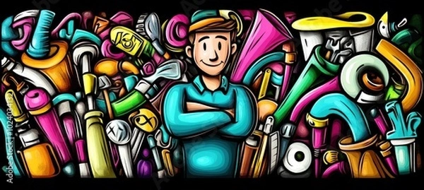 Fototapeta A cheerful character stands amidst a vibrant array of colorful pipes and tools.
