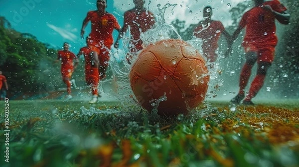 Fototapeta Energetic Soccer Players Splashing Through Water