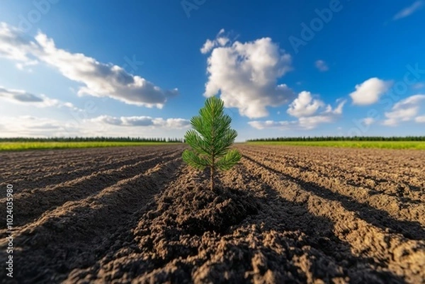 Fototapeta Lonely sapling in a vast, empty field, representing the beginning of reforestation efforts with a focus on natureâ€™s resilience