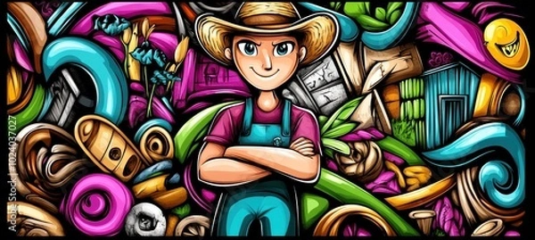 Obraz A colorful illustration featuring a confident farmer surrounded by vibrant, playful elements.