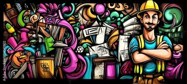 Fototapeta A colorful illustration of a smiling worker amidst various tools and creative elements.