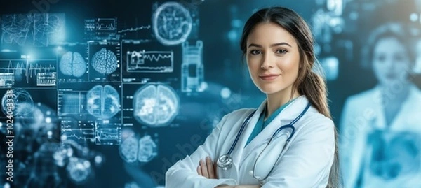 Fototapeta A confident female doctor stands with arms crossed against a digital medical background.