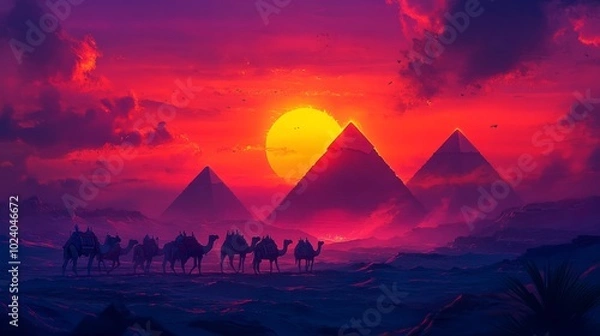 Fototapeta Impressive view of a caravan of camels against the backdrop of the egyptian pyramids at the sunset