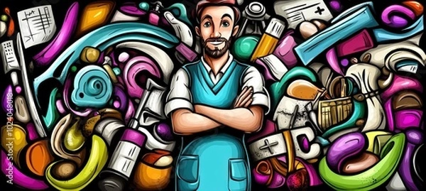 Fototapeta A colorful illustration of a healthcare professional surrounded by various medical items.