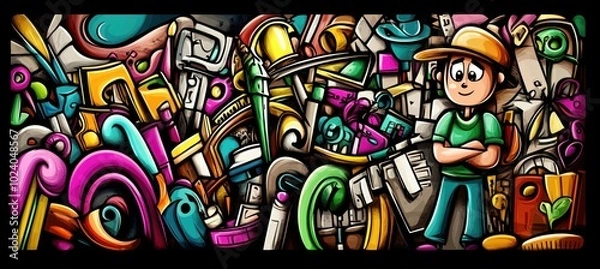 Fototapeta A colorful cartoon scene featuring a character among a jumble of vibrant objects and shapes.