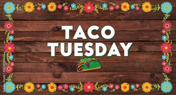 Fototapeta taco Tuesday text lettering on wood background with colorful flowers on border