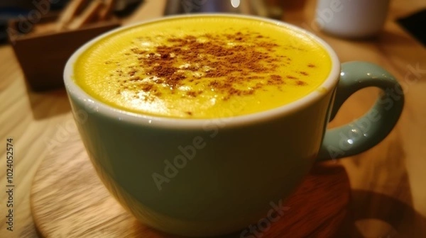 Fototapeta A golden turmeric latte, served with a sprinkle of cinnamon on top.


