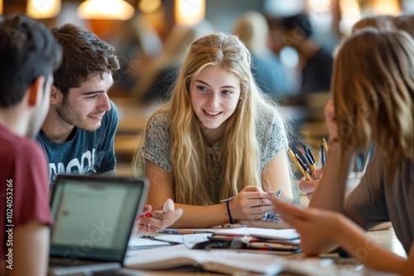 Fototapeta College students in a study group, working together on an assignment and discussing course materials, building academic connections