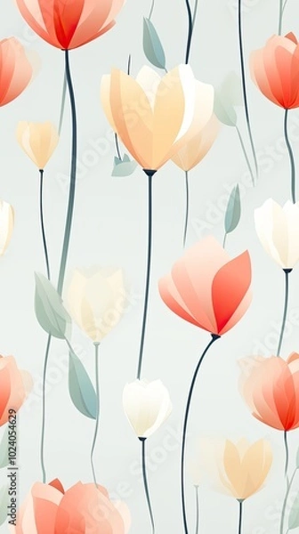 Obraz Elegant Floral Pattern with Stylized Tulips in Soft Pastel Colors on a Light Background