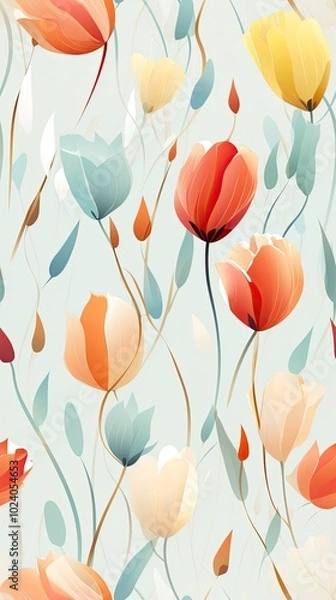 Obraz Vibrant Abstract Floral Pattern with Colorful Tulips and Leaves on a Light Background