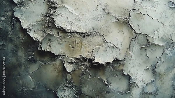 Fototapeta A close-up shot of a textured wall with cracks and crevices, in shades of gray, brown, and white.
