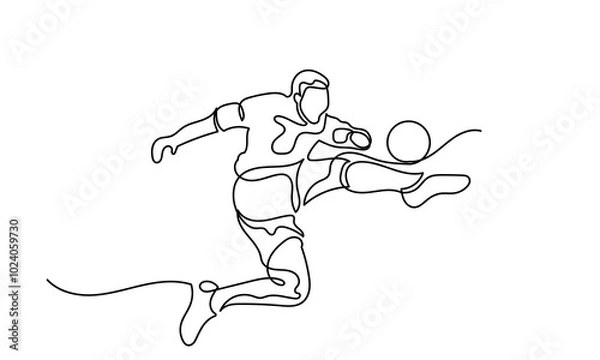 Fototapeta Continuous line drawing of a Football player kicking a ball.single-line Football player action with the ball isolated on a white background.A young football player kicking a ball. Soccer Player kick 