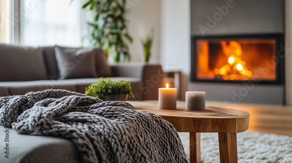 Fototapeta A warm, inviting living room centered around a sleek built-in fireplace