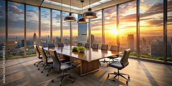 Fototapeta A contemporary meeting room featuring a stunning cityscape at sunset, creating an ideal workspace for productivity and creativity, perfect for team