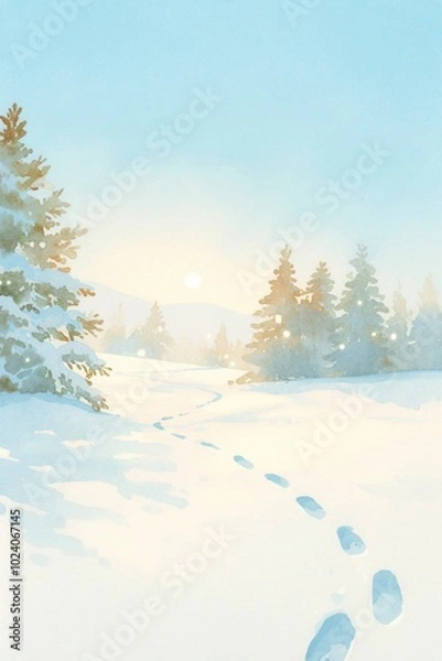 Fototapeta Enchanted snowshoeing trail, glowing footprints, magical snow-covered trees