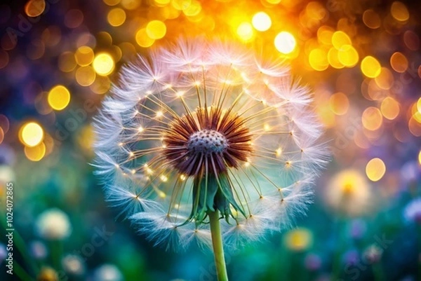 Fototapeta A stunning vertical close-up of a dandelion flower head releasing delicate seeds, with a beautifully blurred bokeh