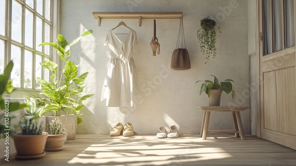 Fototapeta Minimalist Interior Design with White Dress Hanging in Entryway with Sun Light