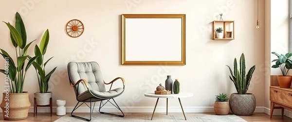 Fototapeta Retro living room with vintage chair, cacti, and gold poster frame. Beige walls. AI generate.