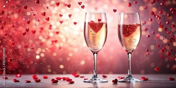 Obraz Champagne Glasses with Red Confetti Hearts on Pink Backdrop - Perfect for Celebrations
