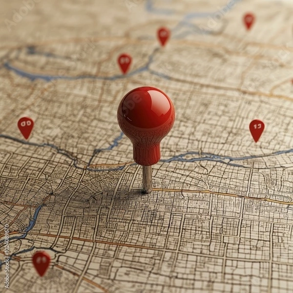Fototapeta Red map pin marking location on city street map with markers
