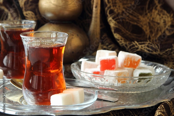 Obraz Turkish Delight in a dish and tea..