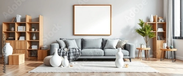 Fototapeta Scandinavian dining room with gold lamp and sharing table. AI generate.