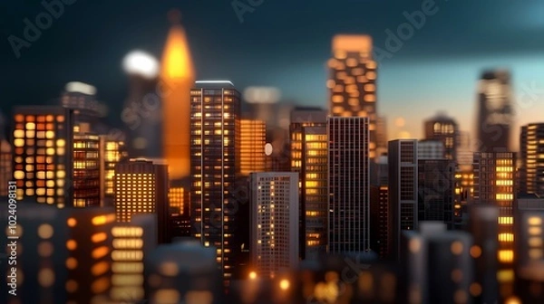 Fototapeta A city skyline with buildings lit up at night.  The buildings in the foreground are in focus, while the skyscrapers in the background are blurred.